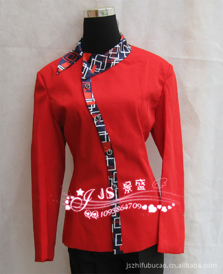 【新上市酒店工作服 酒店制服 高檔女服務員服飾 長袖紅色拼花JS130】價格,廠家,圖片,制服、工作服,廣州市番禺區大石景盛酒店用品經營部-